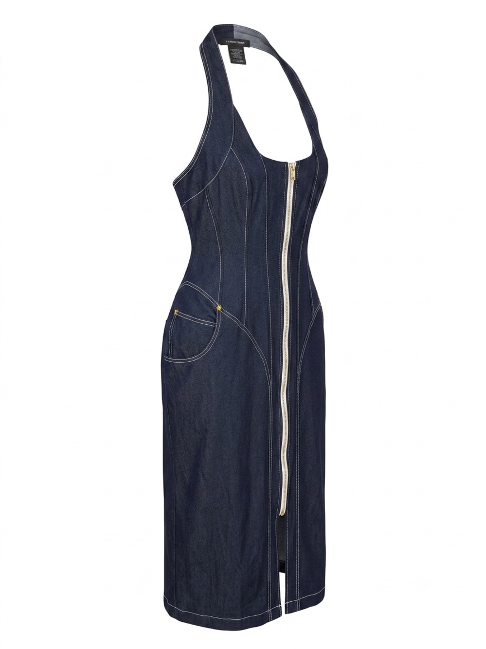 Dark Blue Denim Zip-Front Halter Overalls Dress - Picture 1 of 8